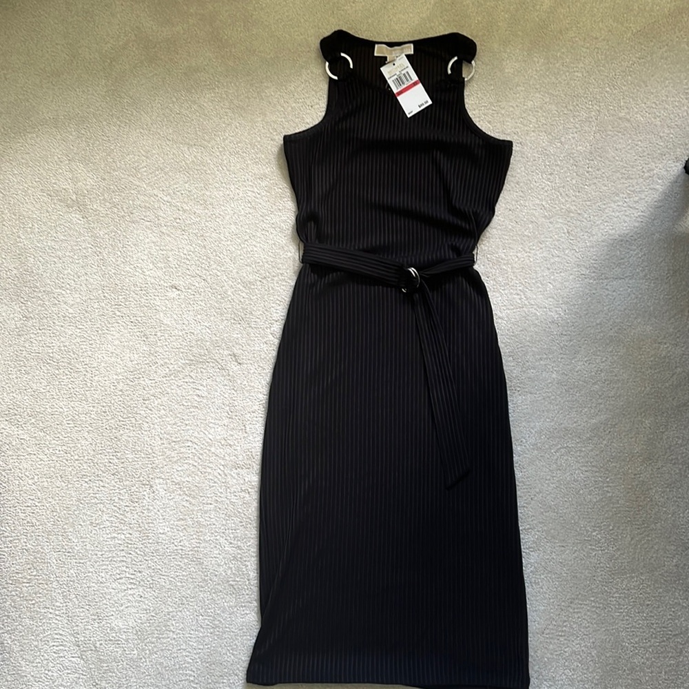 NWT Michael Kors Tank Dress Ribbed Knit Metal Ring Shoulder Belt Tie Black XS